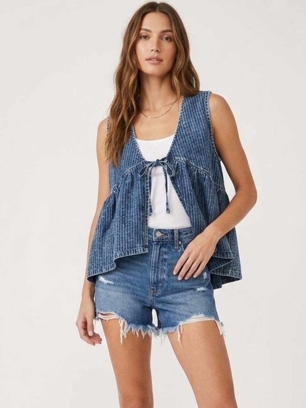 Vintage Sleeveless Subtle Pinstripe Denim Tie-Front Babydoll Top In Dark Blue